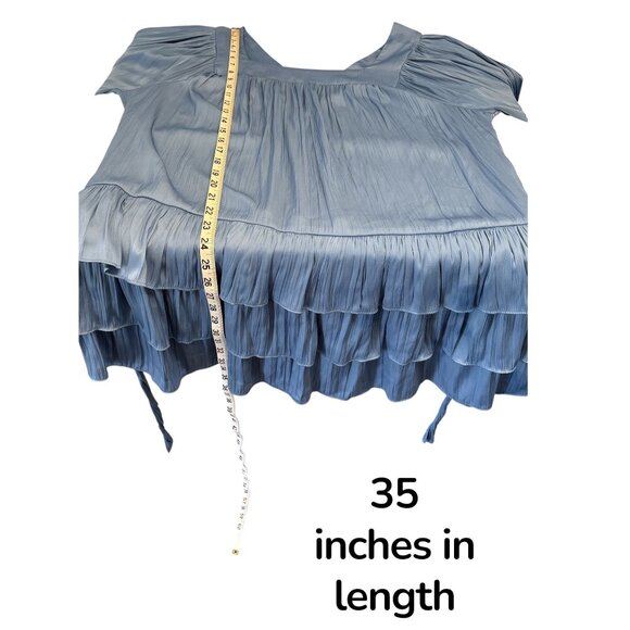 Free People Blue Ruffled Mini Dress With Tie Waist & Bell Sleeves - Size L - Picture 8 of 8